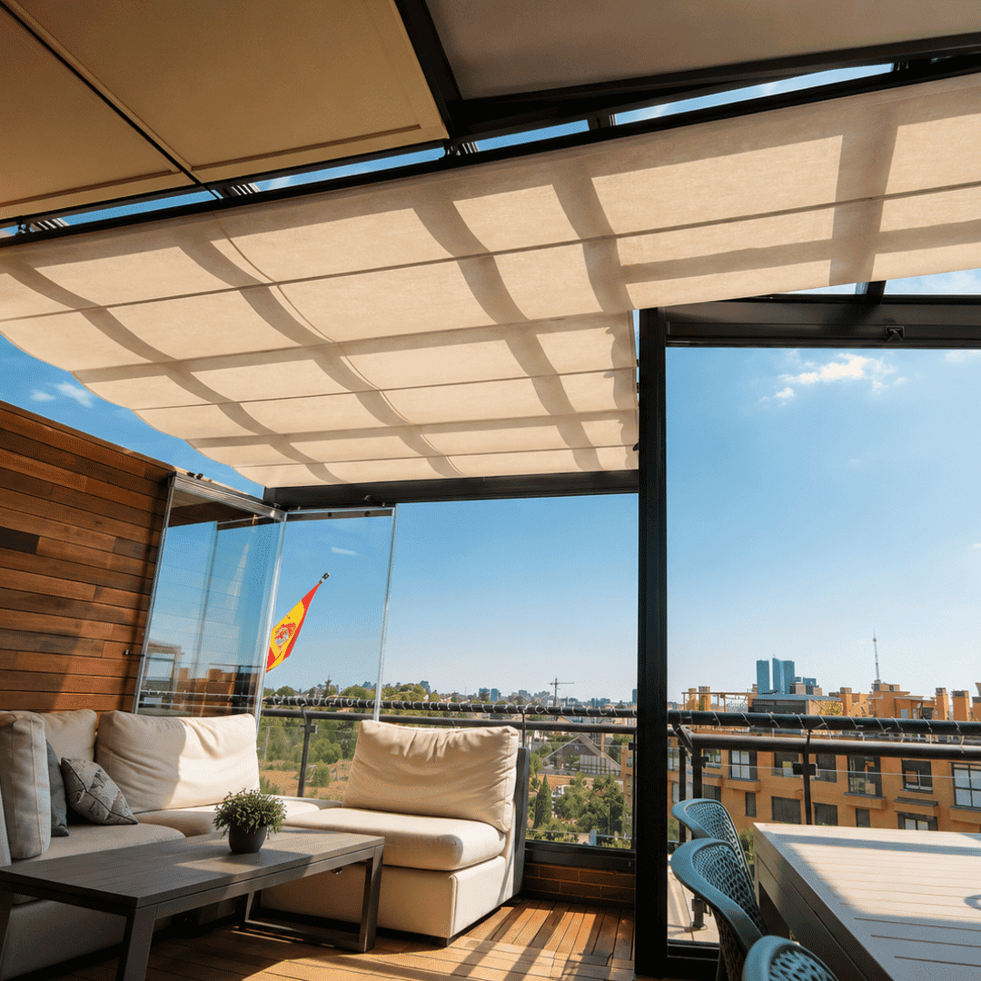 Una terraza de ático moderna con techo retráctil de tela beige, sofá de exterior y vistas a la ciudad con bandera española.