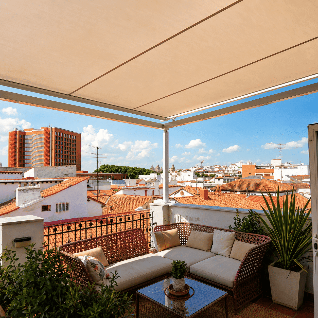 Terraza de ático amueblada con sofá de ratán, plantas y vistas panorámicas de los tejados tradicionales de Sevilla bajo un toldo extendido.