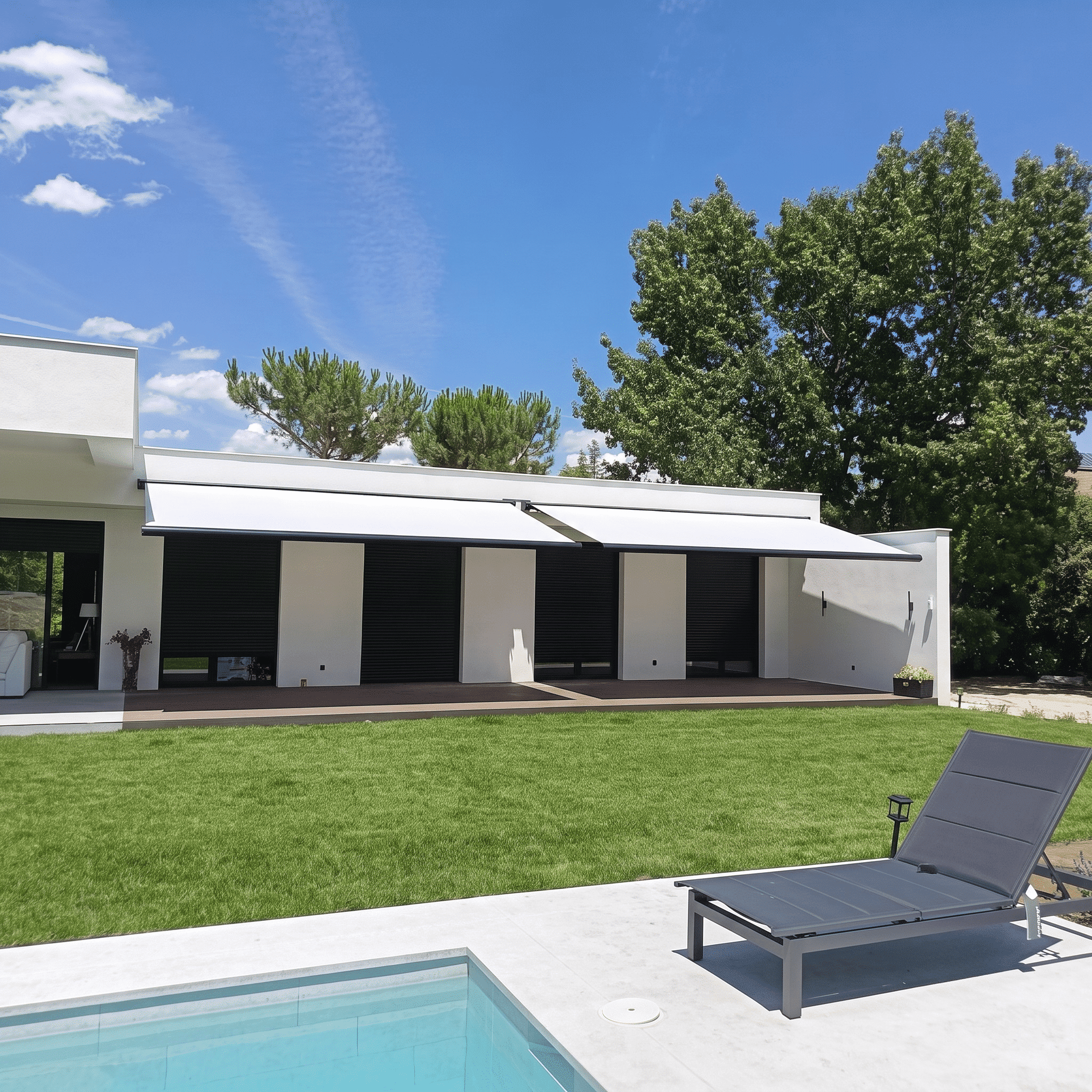 Fachada de casa moderna blanca con grandes ventanales, persianas negras, dos toldos extendidos y una piscina con tumbona.
